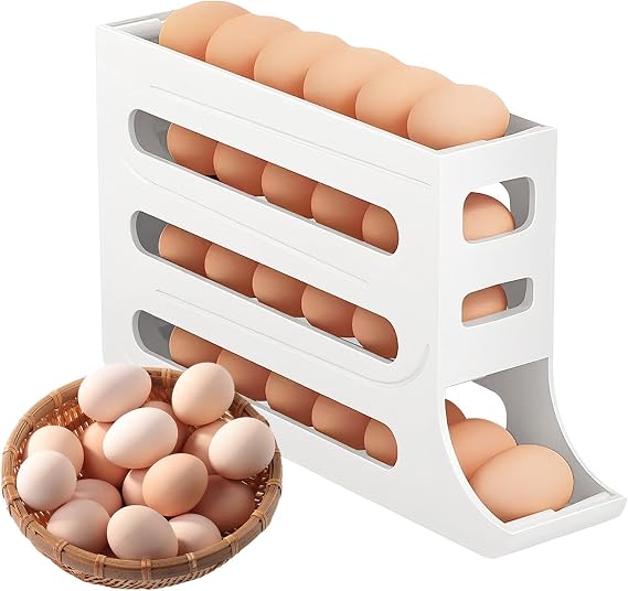 4 Tier Egg Holder for Refrigerator, Automatic Scrolling Egg Rack Holder, Space Saving Egg Dispenser with Automatic Rolling, Egg Organiser
