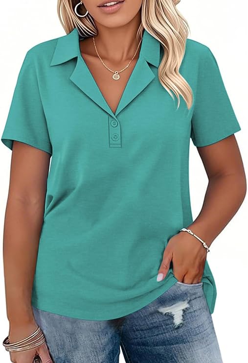 VOGRACE Plus-Size-Summer-Tops for Women Collared V Neck Polo Shirts Trendy Short Sleeve Tee Button Down Tunics XL-5XL