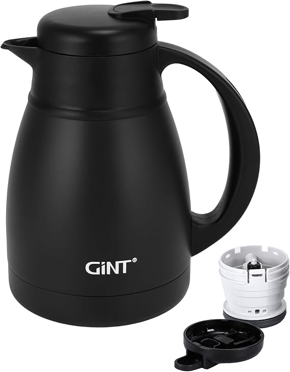 GiNT Insulated Coffee Carafe 34 Oz, Small Stainless Steel Flask for Hot Coffee with Fully Washable Detachable Lid, Portable Thermal Pitcher One-Hand Push Button Tea Dispenser for Travel Camping Office
