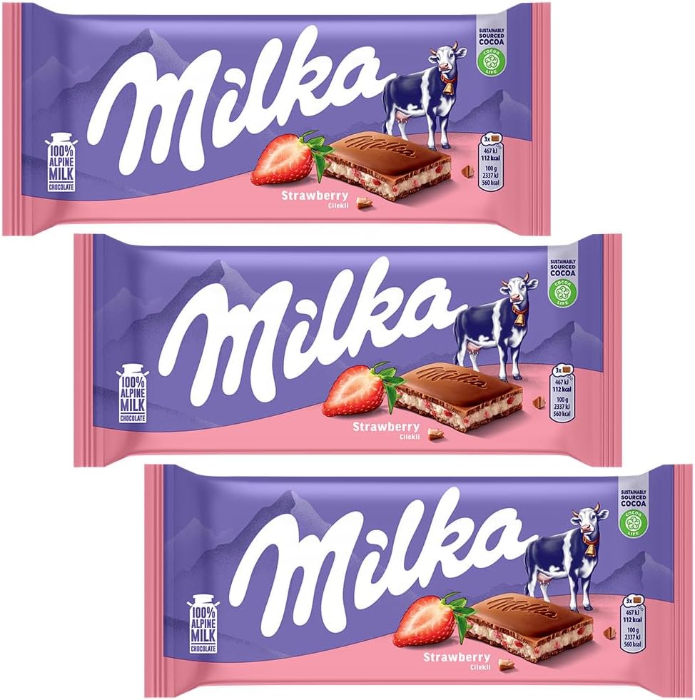 Milka Chocolate Strawberry 3.5 oz 100 g, Set of 3, German Chocolate, World Top Brand