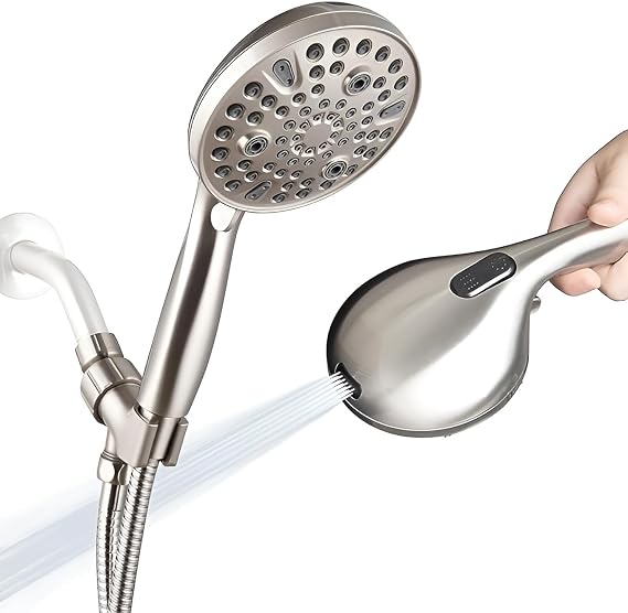 High Pressure 10 Mode Handheld Shower Head - Anti Clogging Nozzles, Built-in Power Wash, Cleans Bathtubs, Tiles and Pets, Extra Long Hose + Stand, Shower Set