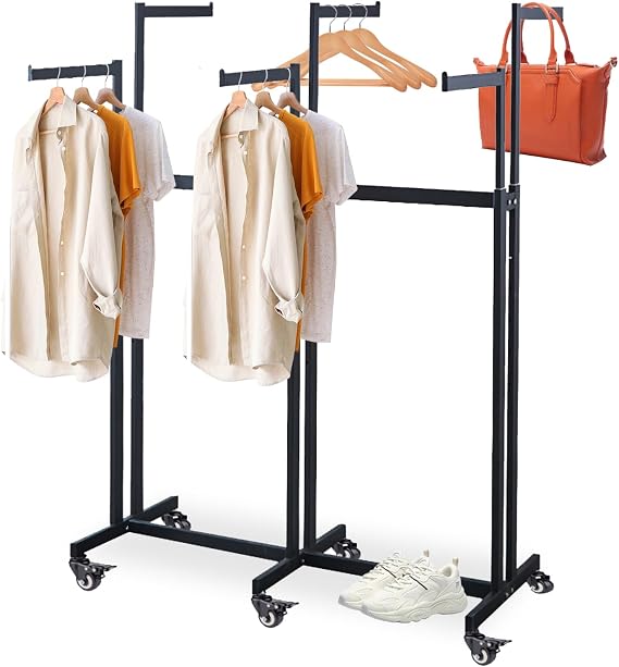 Floor Standing Metal Garment Rack with Wheel, Commercial Retail Clothes Display Rack, 6 Arms Heavy Duty Clothing Rack, Adjustable Height Lifting Clothe Hanging Rack, Clothes store (black, 123cm/48in)