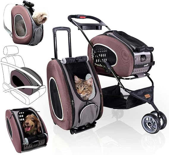 5-in-1 Pet Carrier with Backpack, Stroller, Shoulder Strap, Carriers with Wheels for Dogs and Cats - Brown