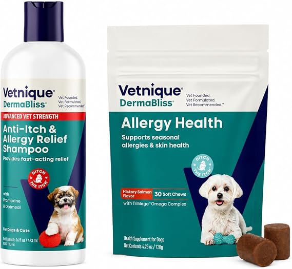 Vetnique Dermabliss Allergy Chews 30 Count and Dermabliss Anti Itch Dog Shampoo Hickory Salmon Soft Chew Supplement Dog Allergy Shampoo