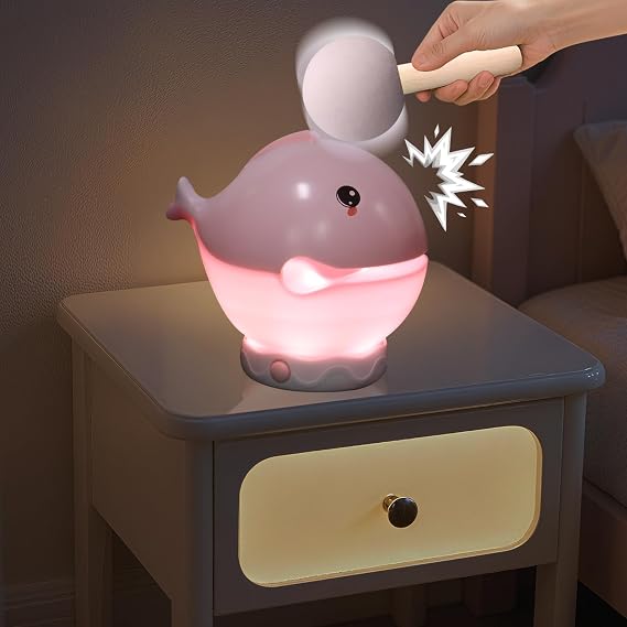 Wooden Fish Night Light with Mallet, Tap to Brighten Cute Night Light for Kids, 3 Levels Dimmable Whale Bedside Lamp for Bedroom, Girls Room Decor, Baby Gifts (Pink)
