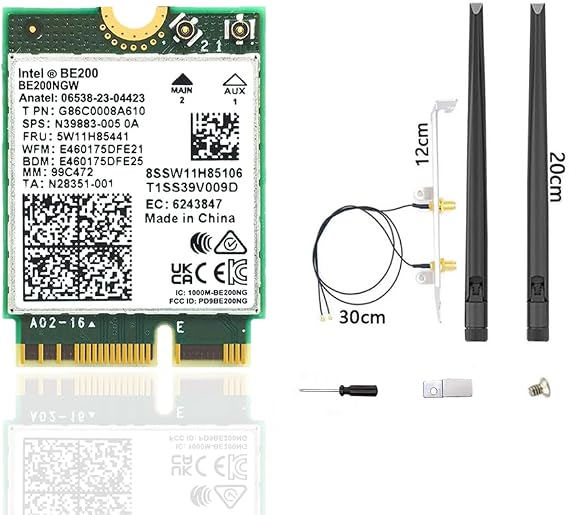 WiFi 7 BE200 NGW Wireless Card, Tri-Band 6GHz/5GHz/2.4GHz M.2 NGFF Bluetooth 5.4, Includes Ipex Cable, 8dBi Antennas and Brackets Support Windows 10/11(64 bit)/Linux, Not Support AMD. (with Antennas)