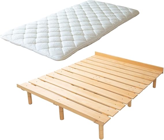EMOOR Japanese Futon Mattress Class and Futon Bed Osmos Set 160 x 200 cm Natural Brown 3 Heights Adjustable Easy to Assemble Japanese Sleeping Bed Tatami Mat Wooden Slat Bed Pallet Bed