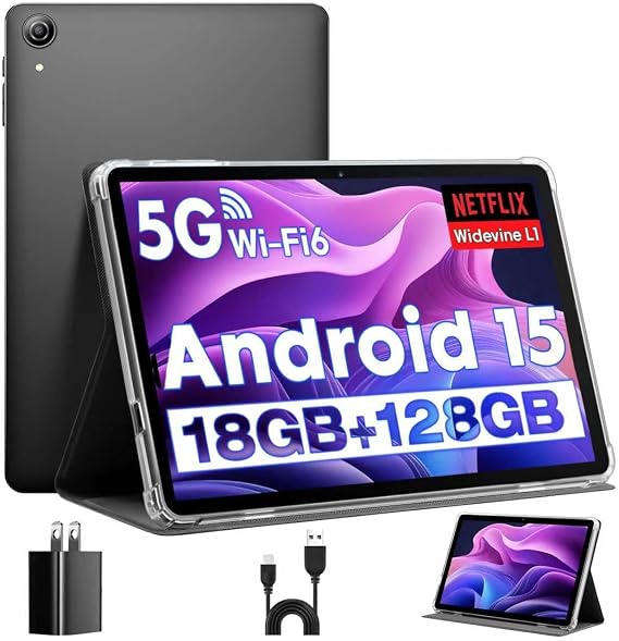 Android Tablets 10 Inch Tablet Android 15 Tablet, Octa-Core, 18 GB RAM+128 GB ROM+1 TB Expand, 1280x800 IPS Display, Tablets for Adults, Widevine L1, GPS, 2.4G/5G WiFi, 5MP+8MP Camera, BT5.4, Black