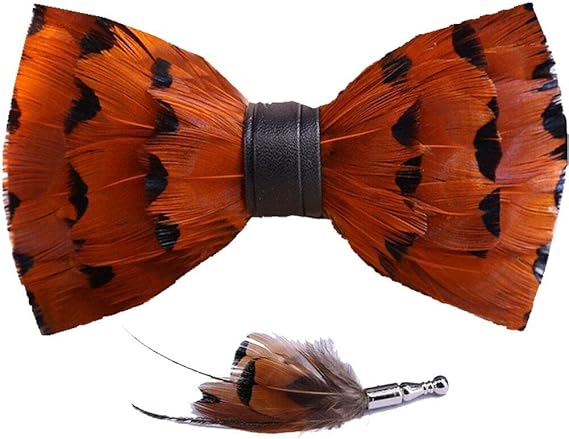 Handmade Feather Bow Tie and Brooch Set Self-tied Bowtie for Men for Wedding Party Formal