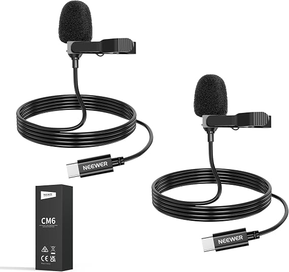 NEEWER Mini USB C Lavalier Microphone 2 Pack Compatible with iPhone 16 15 Pro Max Android Phone Tablet PC, Clip On Omnidirectional Condenser Lapel Mic with 2m/6.6ft Cable