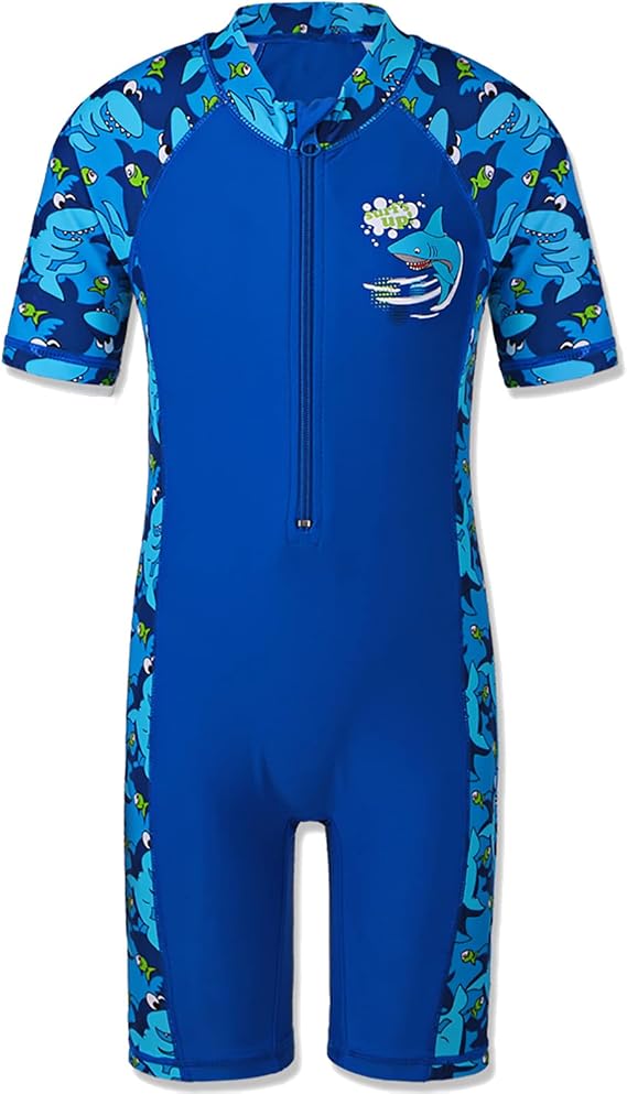 TFJH E Boys Short Sleeve Swimsuits UV 50+ Front Zip One-Piece Rash Guard | 4-way stretch, quick-dry, lightweight, rash guard with front zipper Easy on/off., ideal for beach, swimming pool, vacation