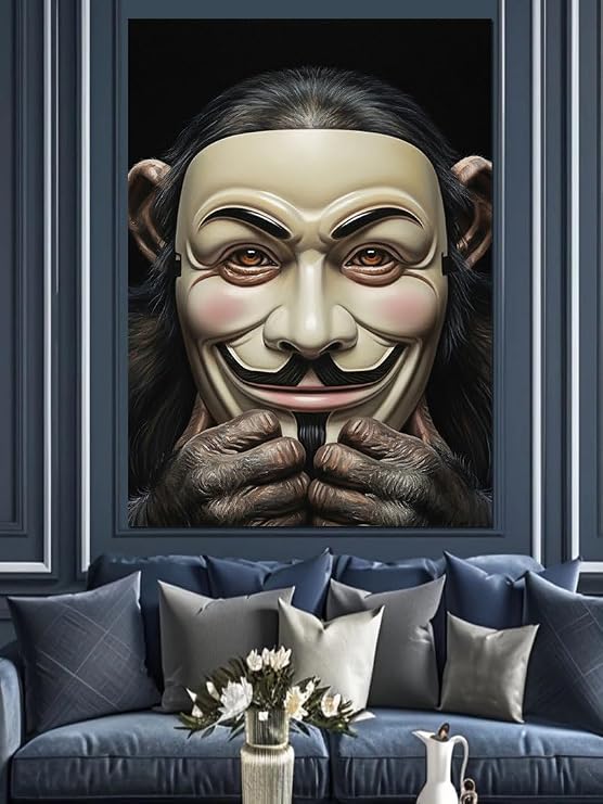 V Maskesi Anonim Yüz Ve Maymun Dekoratif Kanvas - Mdf Ahşap Tablo
