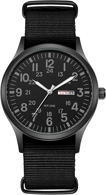 Lancardo Men Analog Quartz Watch: Woven Nylon Band Calendar Luminous Hand Military Time 24 Hours Display Birthday