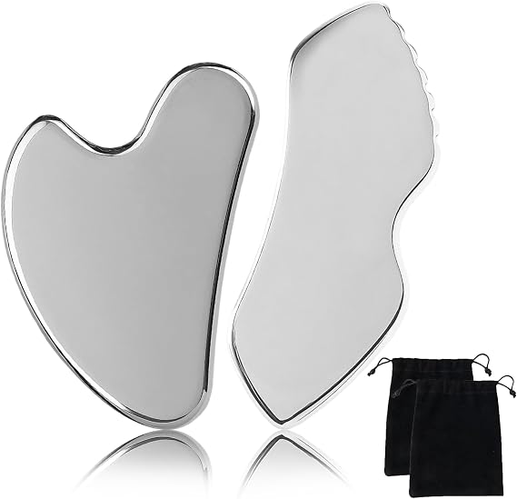 Stainless Steel Gua Sha Facial Tool, 2 Pcs Body and Face Gua Sha Sculpting Beauty Tighten Skin Tools, Metal Massage Scraper for Face Eyes Neck Body Lymphatic Drainage