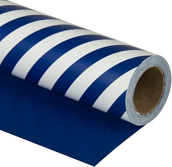 WRAPAHOLIC 30 Inch Reversible Navy Blue Wrapping Paper - Navy Blue and Stripes Wrapping Paper for Birthday, Holiday, Wedding, Baby Shower - 30 inch x 33 feet