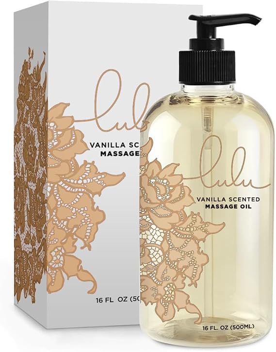 Lulu Vanilla Aromatherapy Massage Oil with Fractionated Coconut Oil 16oz | Hydrating Non-Greasy Body Oil, a beautiful scent that absorbs well for Smooth Skin, Relaxation, Date Night & Couples Massage