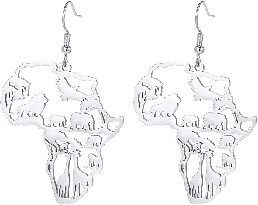 SANDOO African Map Earrings - African Animals Hollow Out Earrings, Map of Africa Dangle Earrings, Black History Attire Jewelry Accessories