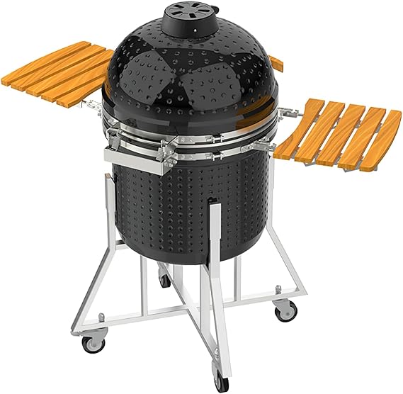 22-Inch Ceramic Kamado Grill, Black, Double-Layer Insulated BBQ Smoker with Pizza Function, Steel Frame, Wooden Side Tables, 52.76x29.13x47.64 Inches