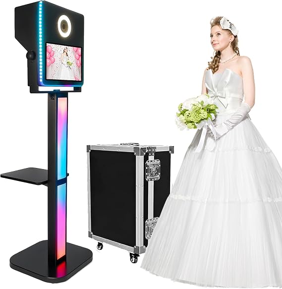 Photo Booth 15.6" Touch Screen Portable Mirror Photobooth Black Machine for Wedding School Party Events Halloween Rental with RGB Lights Red Carpet Posing Props Flight Case (Black Color)