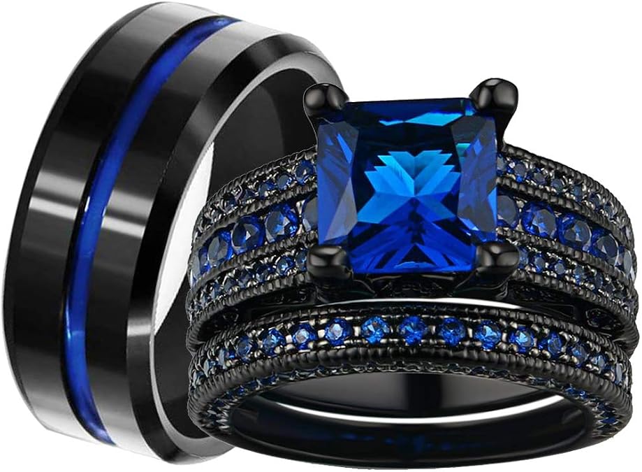 Couple Rings Black Plated Round cut Blue Cz Womens Wedding Ring Sets Stainless Steel Men Wedding Band