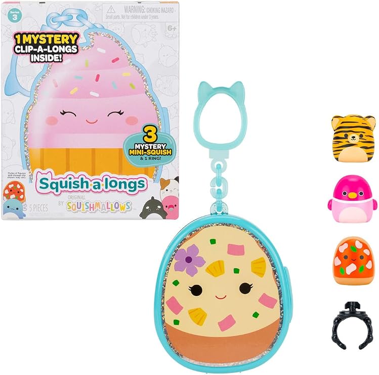 Squishmallows Squish-a-longs 3 Figür + Yüzük Çantalı Sürpriz Paket Seri 3 AL007