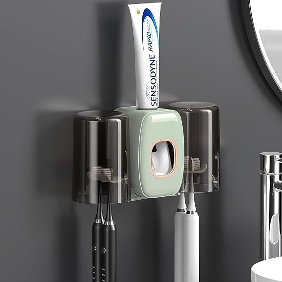 Automatic Toothpaste Dispenser & Toothbrush Holder,Waterproof,Wall Mounted Toothpaste Dispenser with 4 Brush Slots & 2 Cups,Toothpaste Dispenser Organizer for Bathroom Accessories (Green)