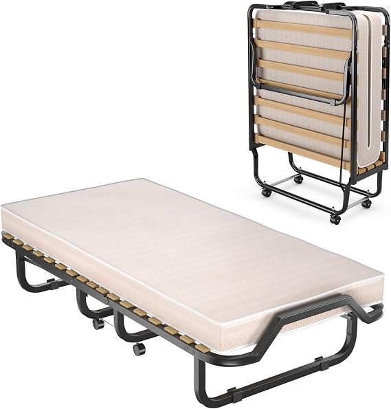 GOPLUS Guest Bed 90 x 200 cm Single Bed Foldable with Memory Foam Mattress Steel Frame 4 Universal Wheels Folding Bed for Guest Room Camping Office Bedroom & Living Room (Beige 90 x 200 cm)