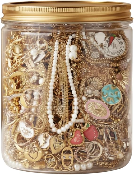 25-piece Gold Mystery Jewelry Jar, Mystery Jewelry Jar Vintage, Assorted Vintage & Modern Styles: Necklaces, Earrings, Rings..