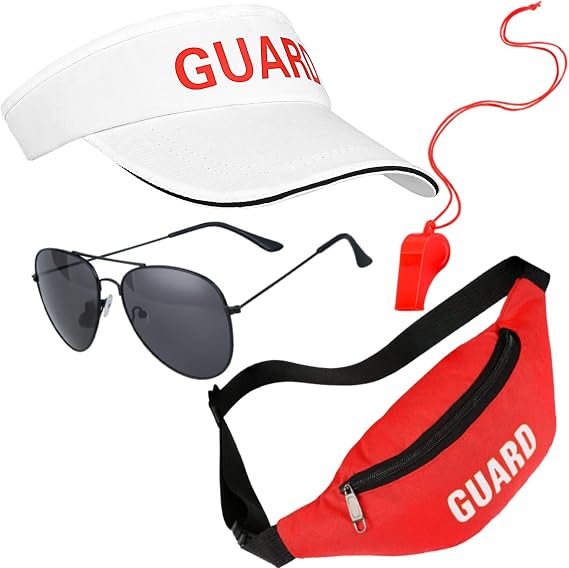 4 Pcs Guard Costume Set Include White Printed Hat Fanny Pack Whistle and Sunglasses for Adults Beach Dress Up