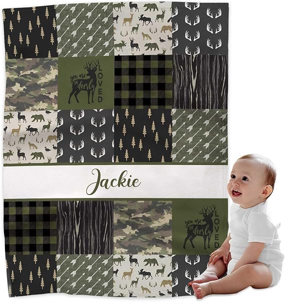 Custom Woodland Deer Bear Green Baby Blankets Personalized Soft Flannel Fleece Blanket with Name, Nursery Bedding for Boys & Girls, Newborn Keepsake