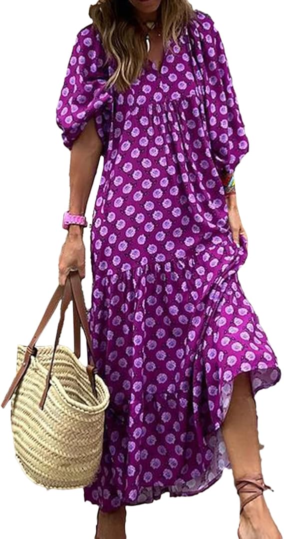 Women Boho Deep V Neck Puff Sleeve Maxi Dress Casual Floral Chiffon Tiered Flowy Swing Party Long Dress