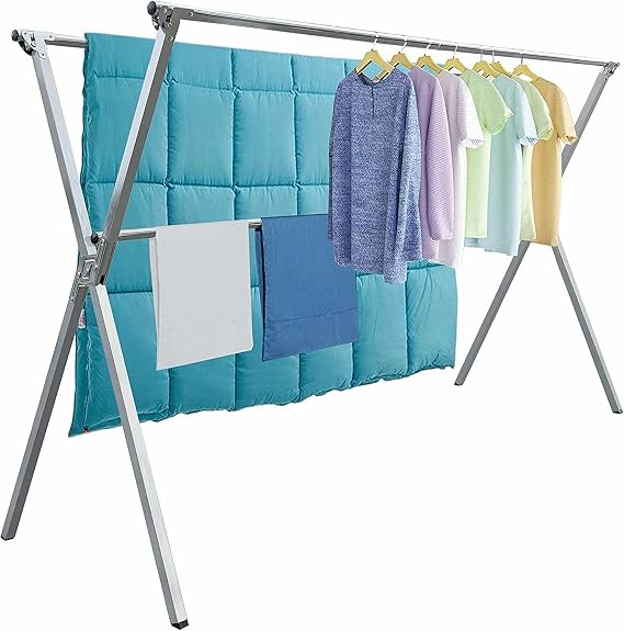AZK Clothes Drying Rack Foldable Portable Design | Heavy duty Stainless steel Adjustable Drying Rack For Blanket King size No assembly With 20 Windproof Hooks