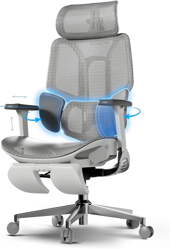 Hbada E3 Air Ergonomischer Bürostuhl mit 3-Zonen dynamischer Lendenwirbelstütze 4D verstellbare Kopfstütze 6D-Armlehnen verstellbar Schreibtischstuhl mit Fußstütze (E3 Air Gray)