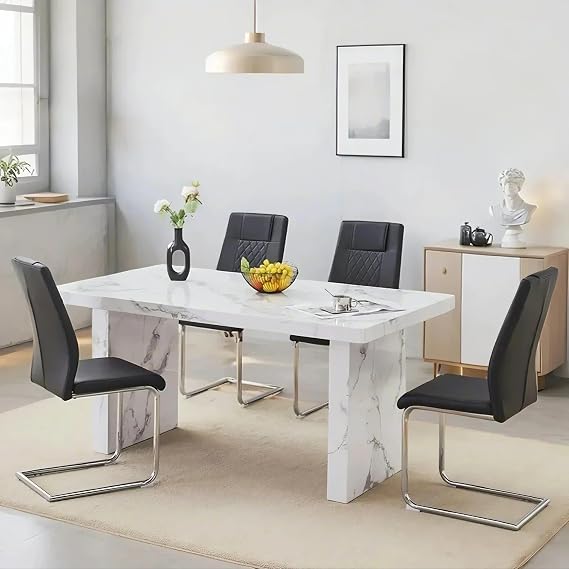 Ebullient Modern Dining Table Set for 4, 63'' Dining Room Table Set for 4, Comfortable Chairs with Metal Legs, Marble Patterned Dinner Tabletop with Solid Wood Tablelegs, White