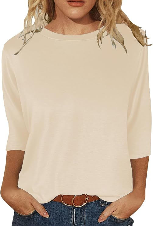 JomeDesign Womens Tops 3/4 Sleeve Shirts Round Neck Loose Casual Blouses