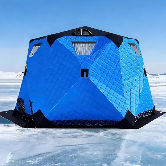 Outdoor Camping Ice Fishing Tent, Insulated Ice Fishing Tent, Pop Up Portable Ice Shanty, Convenient Firewood Heater Port, Removable Windows, for Winter Camping Fishing Blue