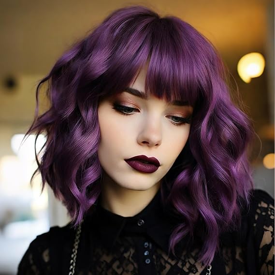 Short Wavy Purple Bob Wig with Bangs Synthetic Wig for Women