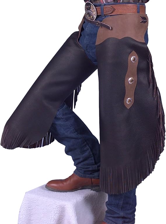 Men,s Vintage Cowboy Premium Full Grain Chink, Basketweave Filigree Yoke Pro Rodeo Western Bull Riding Leather Chinks