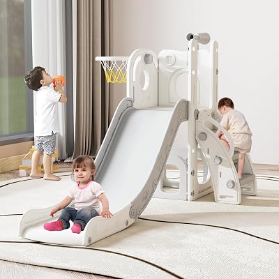 kinbor 6 in 1 Toddler Slide PlaySet - Indoor Outdoor Fun for Kids Ages 1-3, Includes Basketball Hoop, Telescope, Storage & Climber, Safe, Sturdy Baby Slide for Backyard Playground, WhiteGray