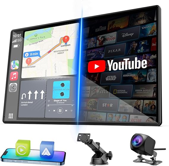LAMTTO 9" Apple CarPlay Screen with Backup Camera & Streaming Apps