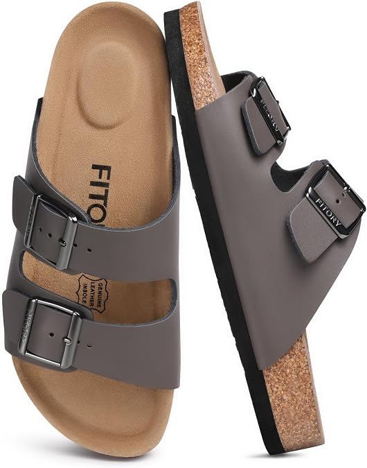 FITORY Mens Leather Sandals, Arch Support Slides with Double Buckle Adjustable Straps & Cork Footbed for Summer Size 6.5-12.5