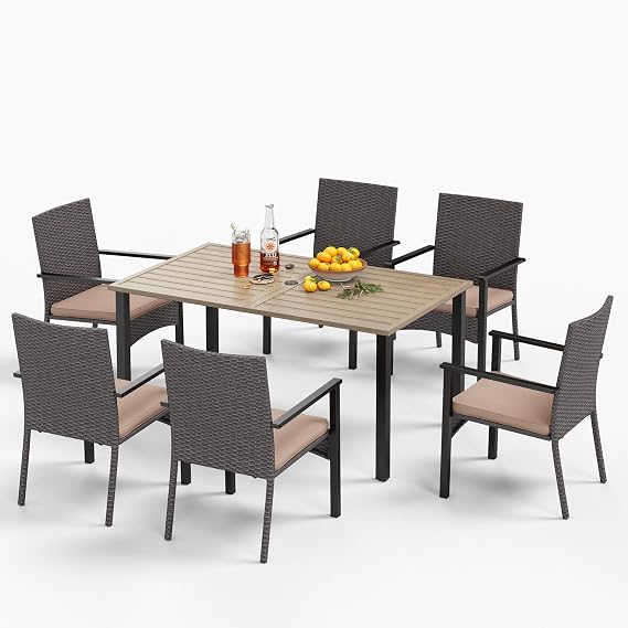MFSTUDIO Garden Table and Chairs, 7-Piece Patio Dining Set, Furniture Set | Includes 6 PE Rattan Chairs and Metal Table, Rust-resistant Steel Frame, Adjustable Umbrella Hole, Weather Resistant
