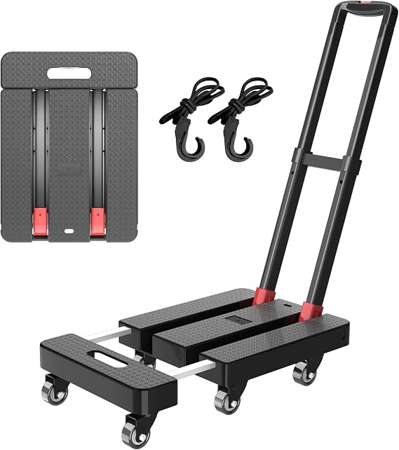 Folding Hand Truck, 500 LBS Heavy Duty Foldable Dolly Cart with Wheels, Telescoping Handle & 2 Elastic Ropes, Portable Luggage Cart for Moving, Travel, Home, Black Red