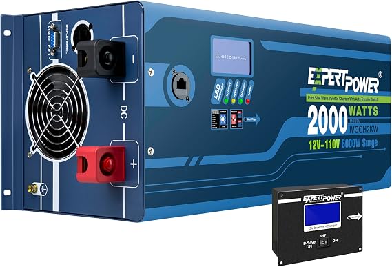 ExpertPower 2000W Pure Sine Wave Inverter Charger | Peak 6000W | DC 12V - AC 110V | LifePO4/ Lithium Battery Compatible | Auto Transfer Switch | External Display
