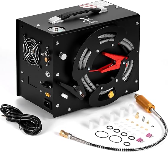 4500Psi Pcp Air Compressor, Auto-Stop,Oil&Water-Free, Unique Vertical+Wire Spool Portable Design,Built-in DC 12V/AC 220V Power Converter, Paintball/Scuba Air Compressor (TXES062)
