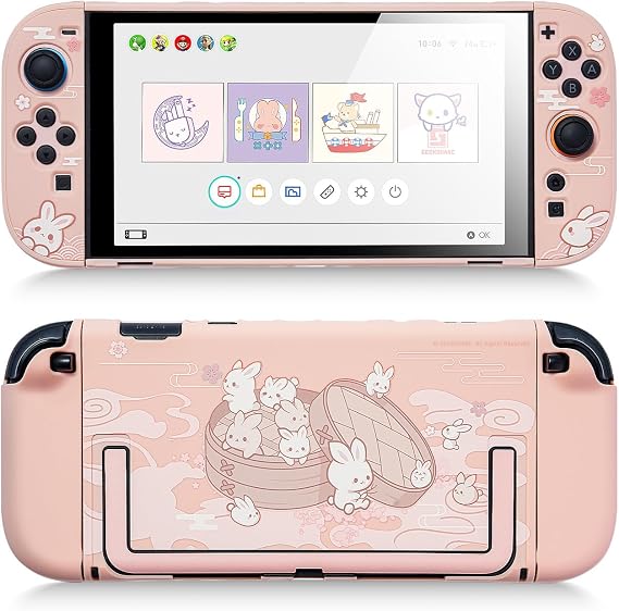 GeekShare Protective Shell Compatible with Switch 2, Kawaii Cartoon Dockable Case Compatible with Switch 2, Anti-Scratch and Shock-Absorption Design Cover Skin - Steamed Bun Rabbit