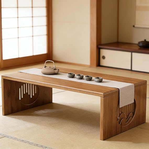Japanese Floor Table Foldable Coffee Table, Low Floor Coffee Table for Sitting on the Floor with Bamboo Wood Top No Assembly, Compact Small Living Room Table, Ideal for Meditation Space