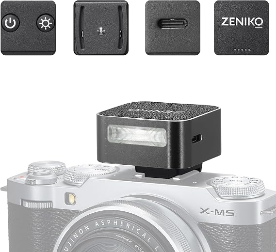 Zeniko ZF08 Aluminum Mini OnCamera Flash for Canon Nikon Sony Fuji(Black) | 440 Full-Power Mini Speedlite,Universal Hot Shoe, 470mAh Battery, CCT 6500K200K, Travel Vlog Portrait Photography Accessory
