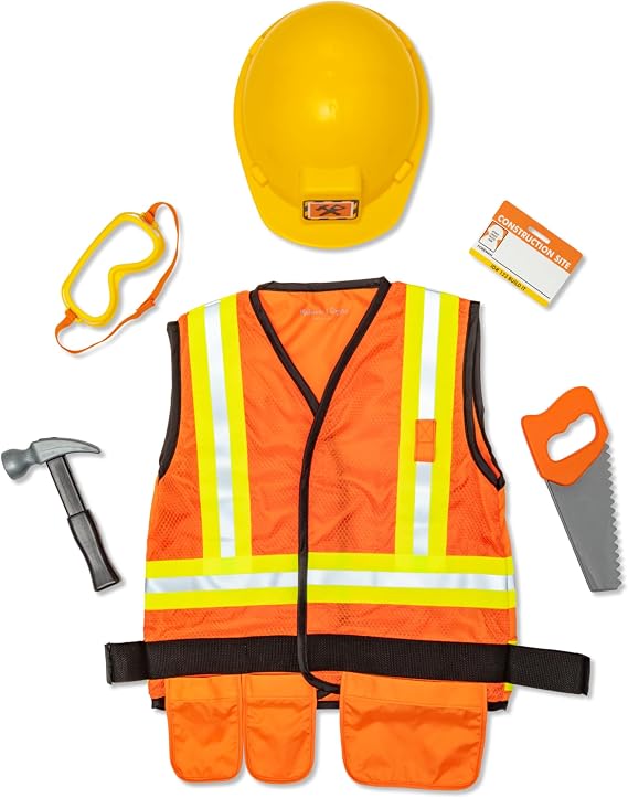 Melissa & Doug Construction Costume, Pretend Play Dress Up Set (6-Pc) Tools, Vest & Accessories, Role Play Toys for Kids 3+