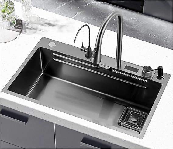 Black Grey Kitchen Bar Sink with Waterfall Faucet, Steel Basin, Cutting Board,304 Stainless Steel Single Bowl Large Kitchen Sink(Grey-80Cm)